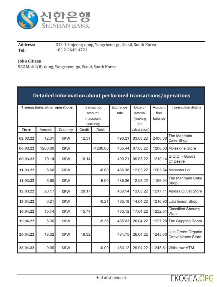 Relevé de la Shinhan Bank de Corée du Sud xls